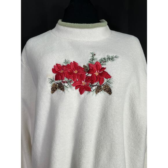 Vintage Fleece Croft & Barrow Christmas Sweatshirt Poinsettias, Pinecones - Picture 6 of 7